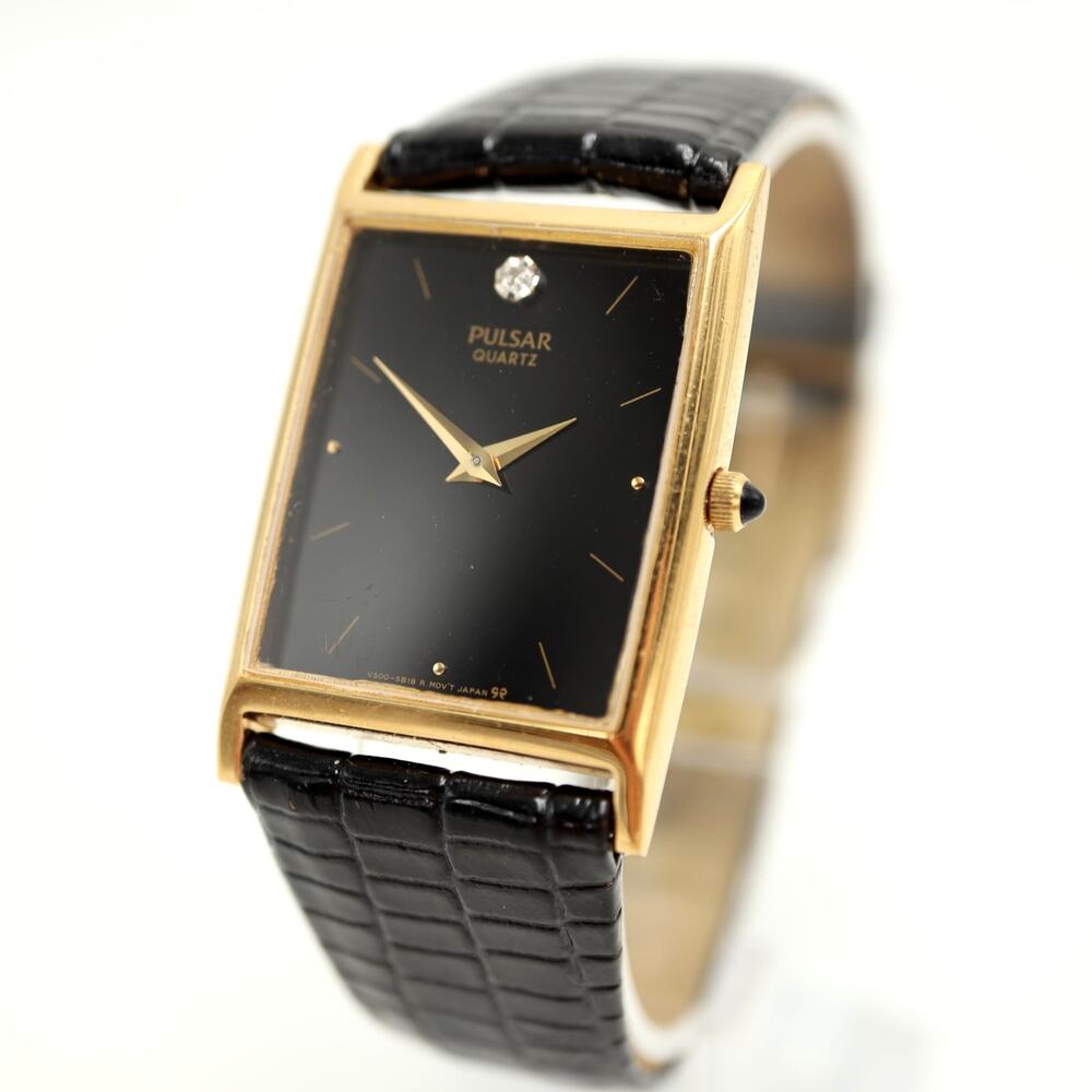 Vintage Pulsar by Seiko Black Gold Tone 24mm Tank Watch V500-5A70 w New Battery